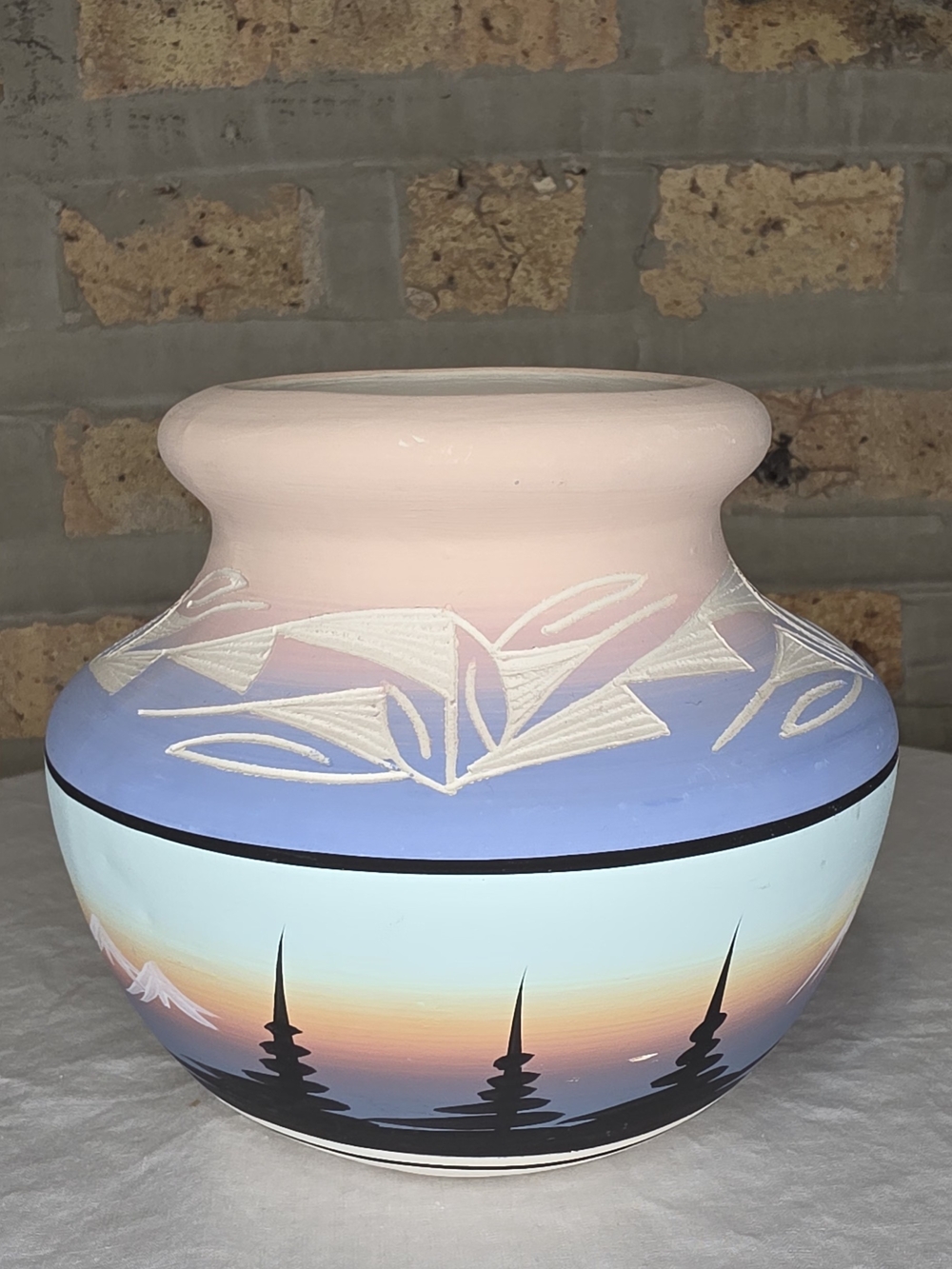 Navajo "End Of The Road" Hand-Painted Pastel Sunset Ceramic Vase - Signed.